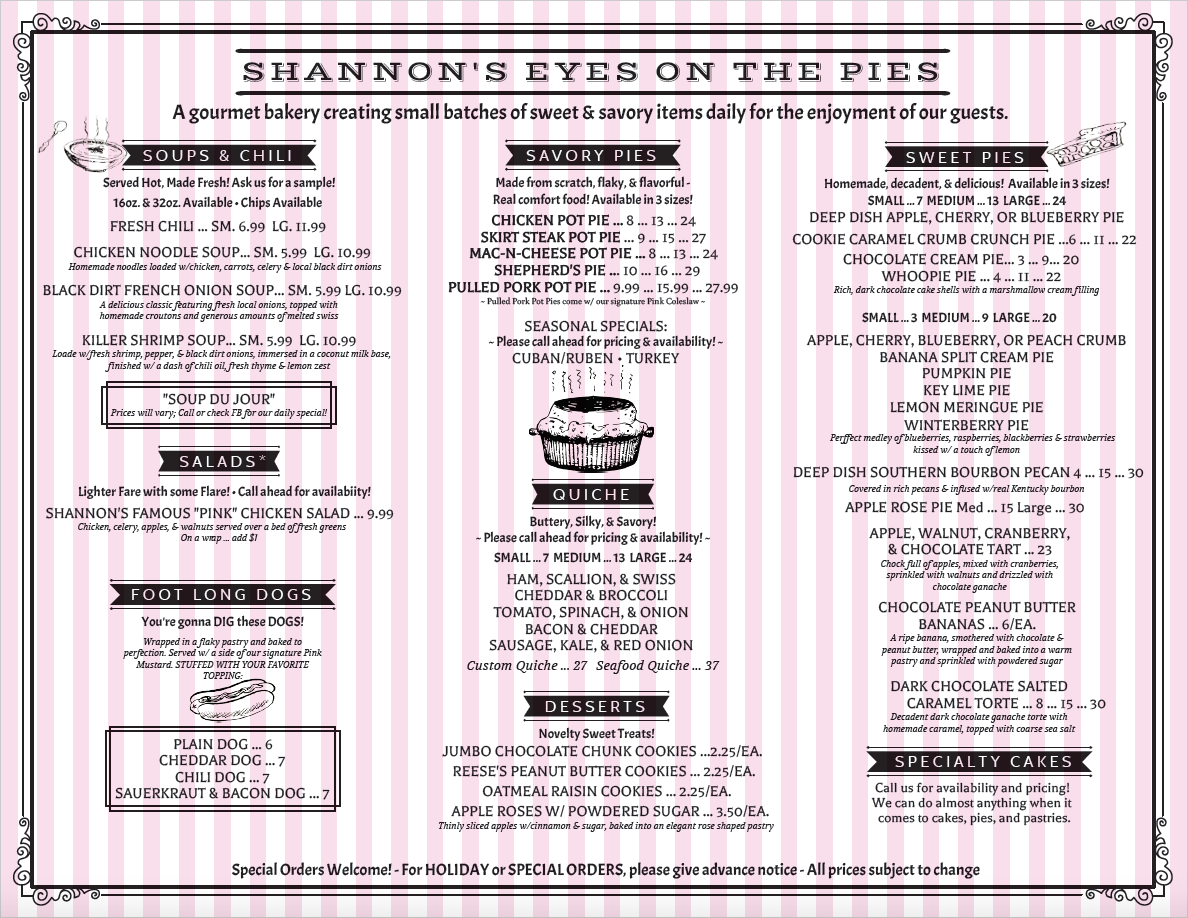 Shannon's Eyes on the Pies menu